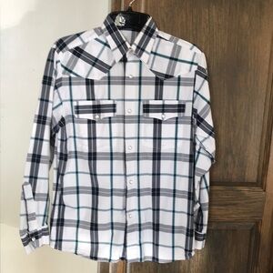 Custom made Cowboy shirt, medium. Mother of pearl snap buttons. White,teal,black